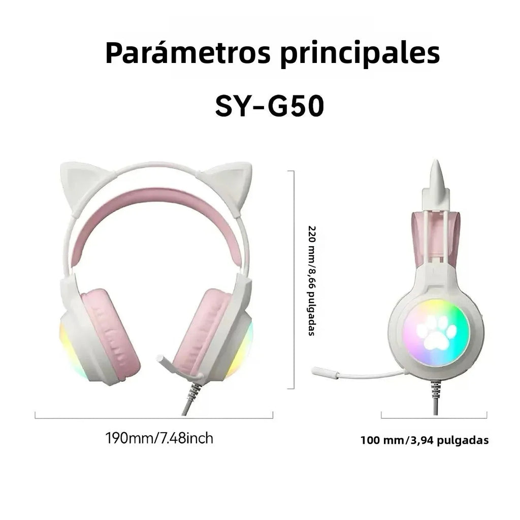 Auriculares para juegos SOYTO Pink Cat Ear, auriculares con cable con luz LED RGB, micrófono con cancelación de ruido, sonido estéreo para PC, portátil, gamer, chicas