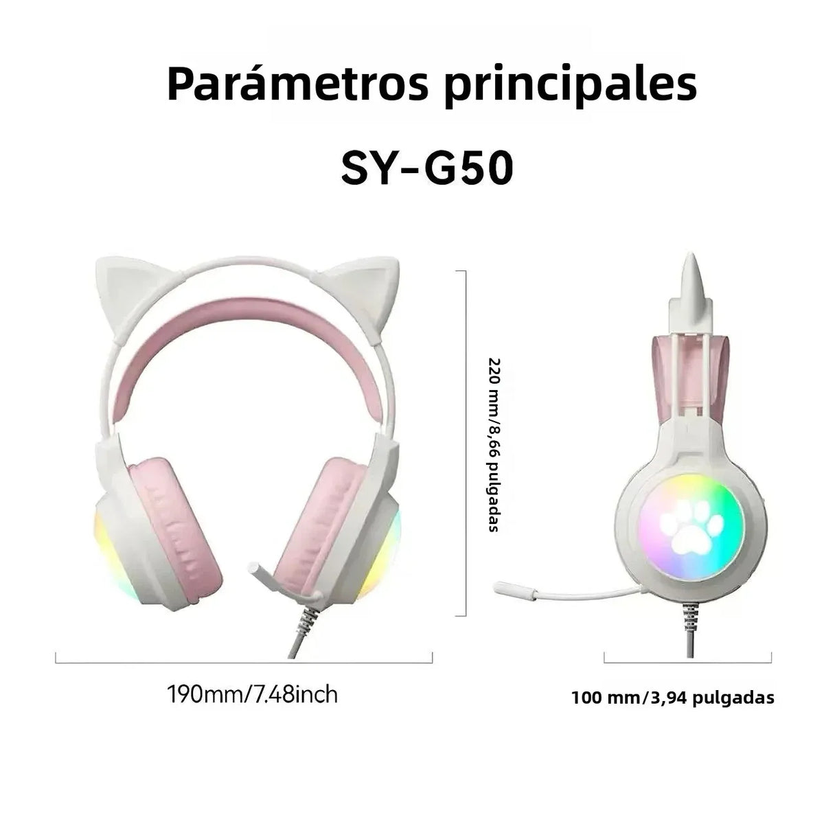 Auriculares para juegos SOYTO Pink Cat Ear, auriculares con cable con luz LED RGB, micrófono con cancelación de ruido, sonido estéreo para PC, portátil, gamer, chicas