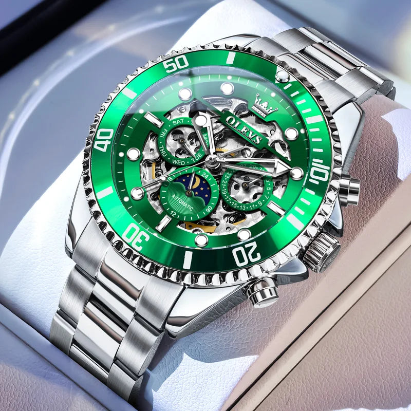 Reloj mecánico para hombre OLEVS 6715, serie de buceo, esfera esqueletizada, acero inoxidable, resistente al agua, fase lunar, fecha, reloj automático de lujo