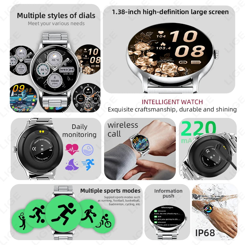 New Steel Smart Watch Men Bluetooth Call Full Touch Bluetooth Call Heart Rate Sleep Monitoring Waterproof Sport Smartwatch Women