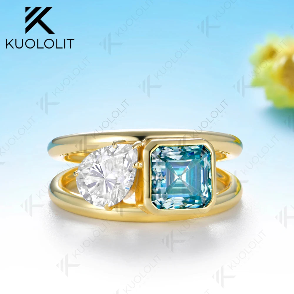 Anillo de Moissanita Cian Kuololit con Corte Asscher y Diseño Personalizado para Mujer, Oro Amarillo Sólido 14K 10K 585, para Regalo de Navidad o Aniversario