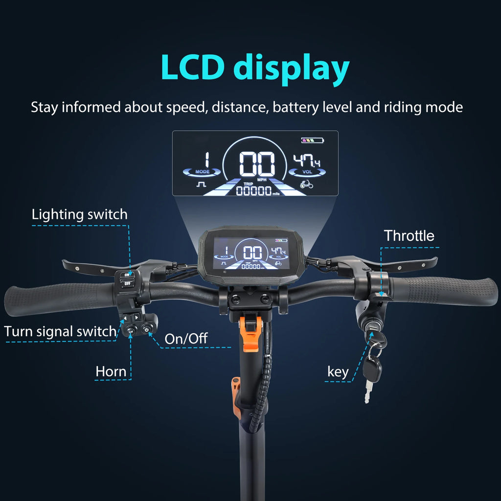 Tablero LCD del patinete eléctrico con acelerador, interruptores y llave de encendido.