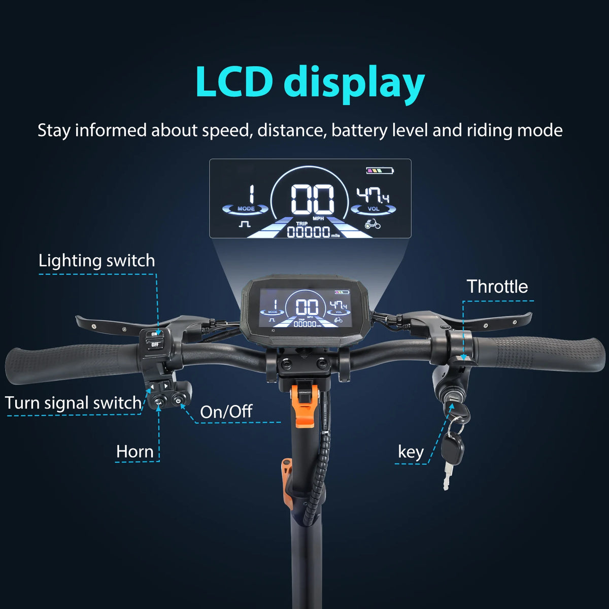 Tablero LCD del patinete eléctrico con acelerador, interruptores y llave de encendido.