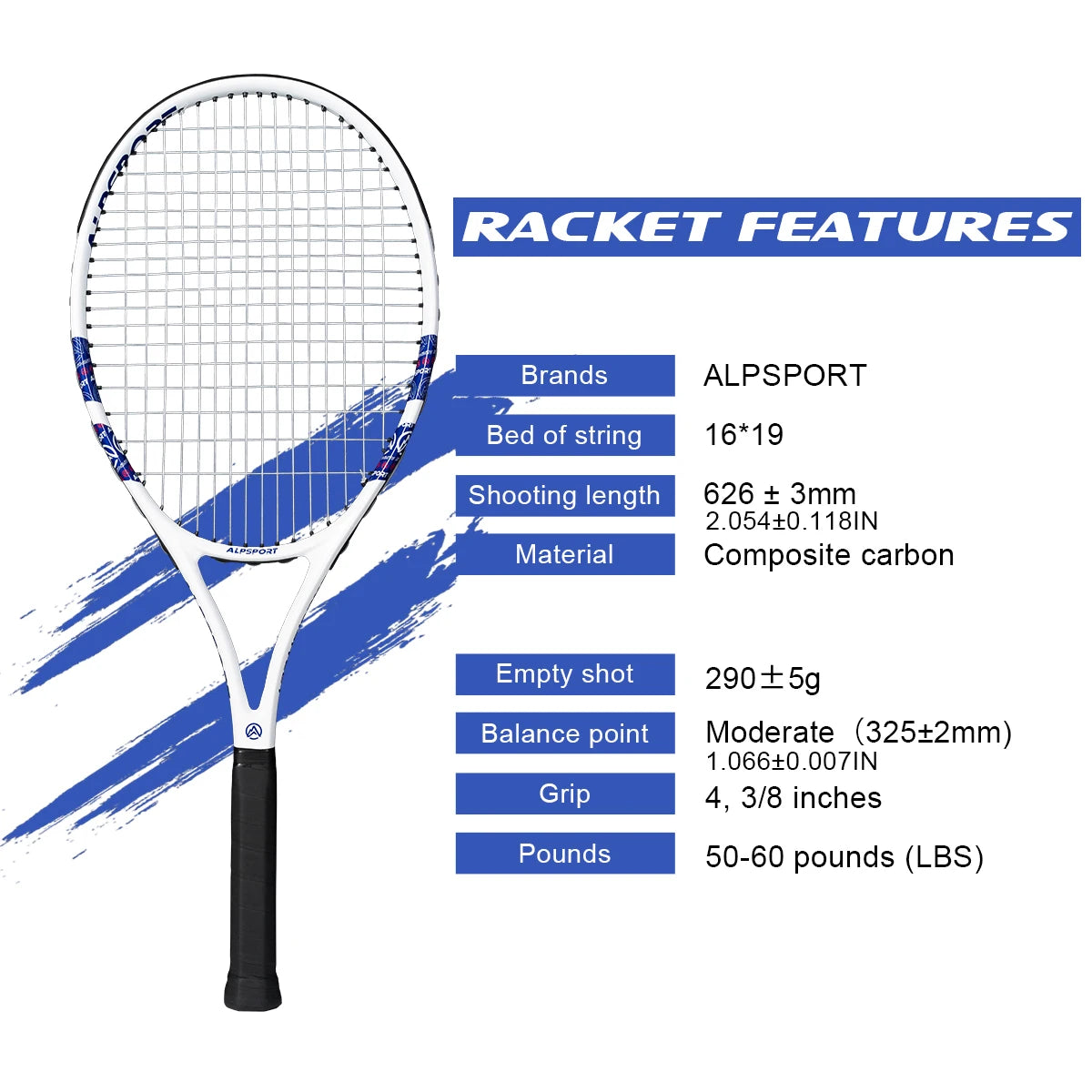 ALPSPORT T800 18K Raqueta de Tenis Profesional de Fibra de Carbono – Ligera (280g) con Bolsa y Correa Antideslizante, Envío Rápido para Entrenamiento