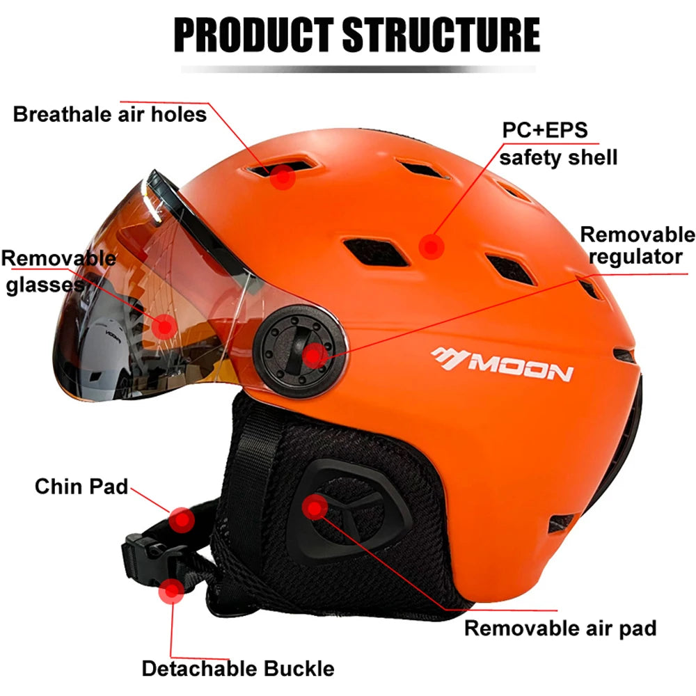 MOON-casco de esquí moldeado integralmente, gafas de PC + EPS, de alta calidad, para deportes al aire libre, esquí, Snowboard, monopatín
