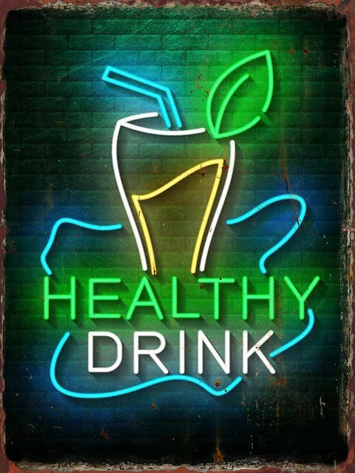 Cartel de metal con vaso neón y texto “HEALTHY DRINK”, hojas verdes alrededor.