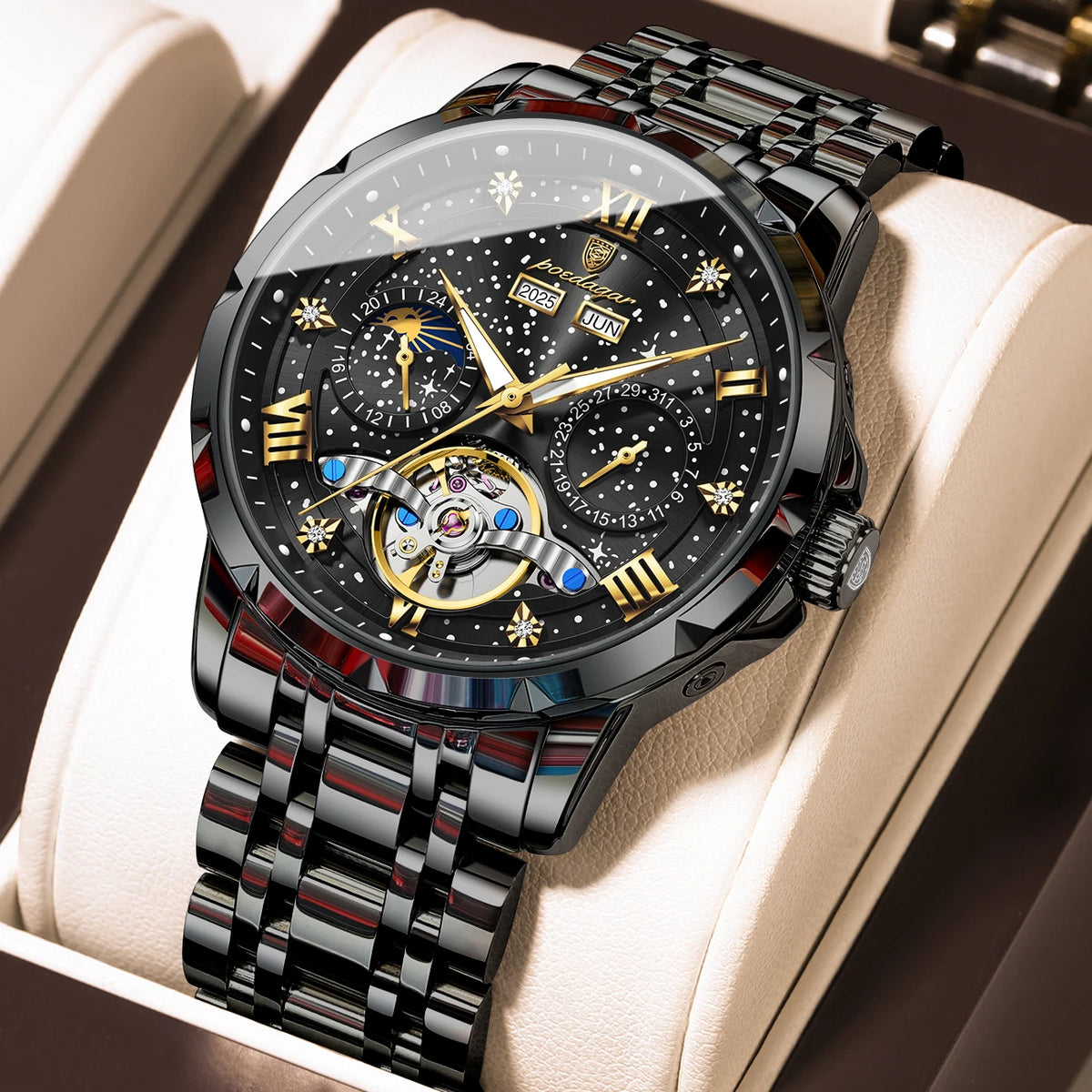 POEDAGAR Top Original Men Clock Automatic Mechanical Stainless Steel Men's Watches Calendar Hollow Tourbillon Man Watch Male+Box