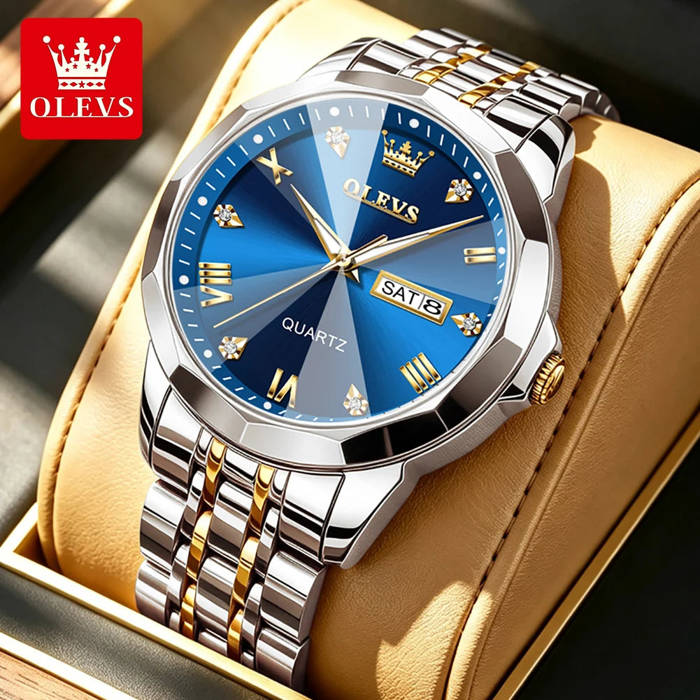 Reloj OLEVS 9931 de gran venta para hombre, moda, espejo de rombo, correa de acero sólido, fecha, resistente al agua, luminoso, reloj de cuarzo original para hombre