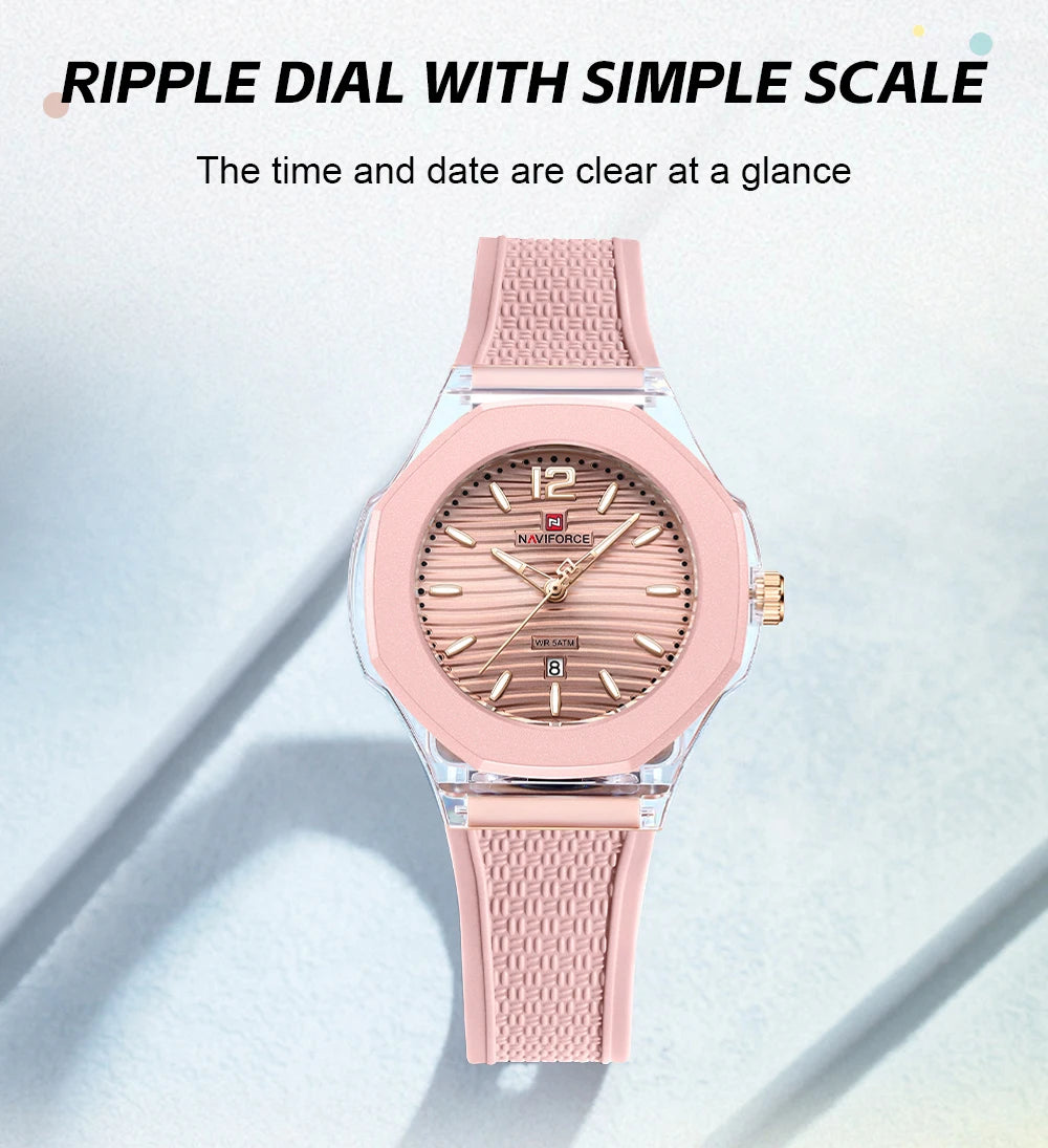 Reloj de cuarzo para mujer NAVIFORCE, resistente al agua 5ATM, correa de silicona, analógico, luminoso, casual y deportivo para dama