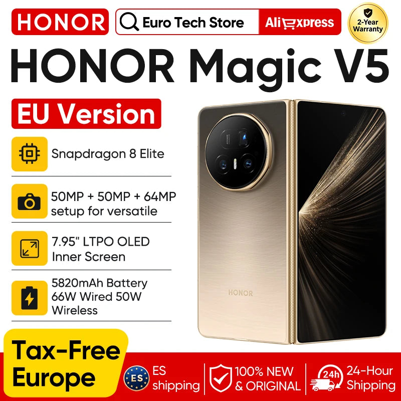 Nuevo Smartphone HONOR Magic V5 Versión Global Original 5G con Pantalla Dual HDR OLED, Snapdragon 8 Elite, 5820mAh, 7.95" y SuperCharge de 66W