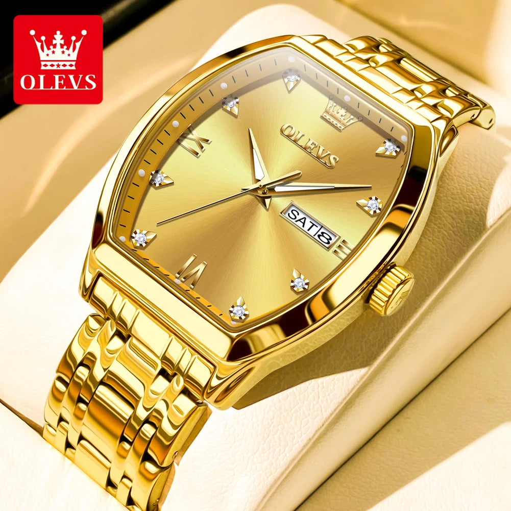 Reloj OLEVS para hombre, de lujo, tipo tonel, original, marca de alta gama, de cuarzo, resistente al agua, luminoso, con día y fecha, reloj de pulsera para caballero
