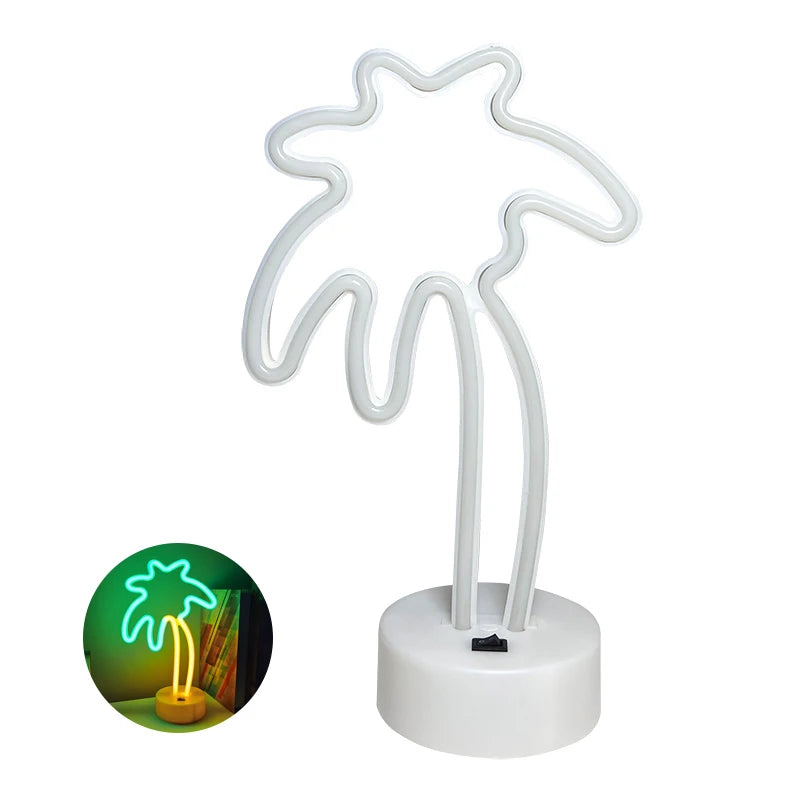 Letrero neón LED palmera coco blanco con base redonda, altura 30 cm