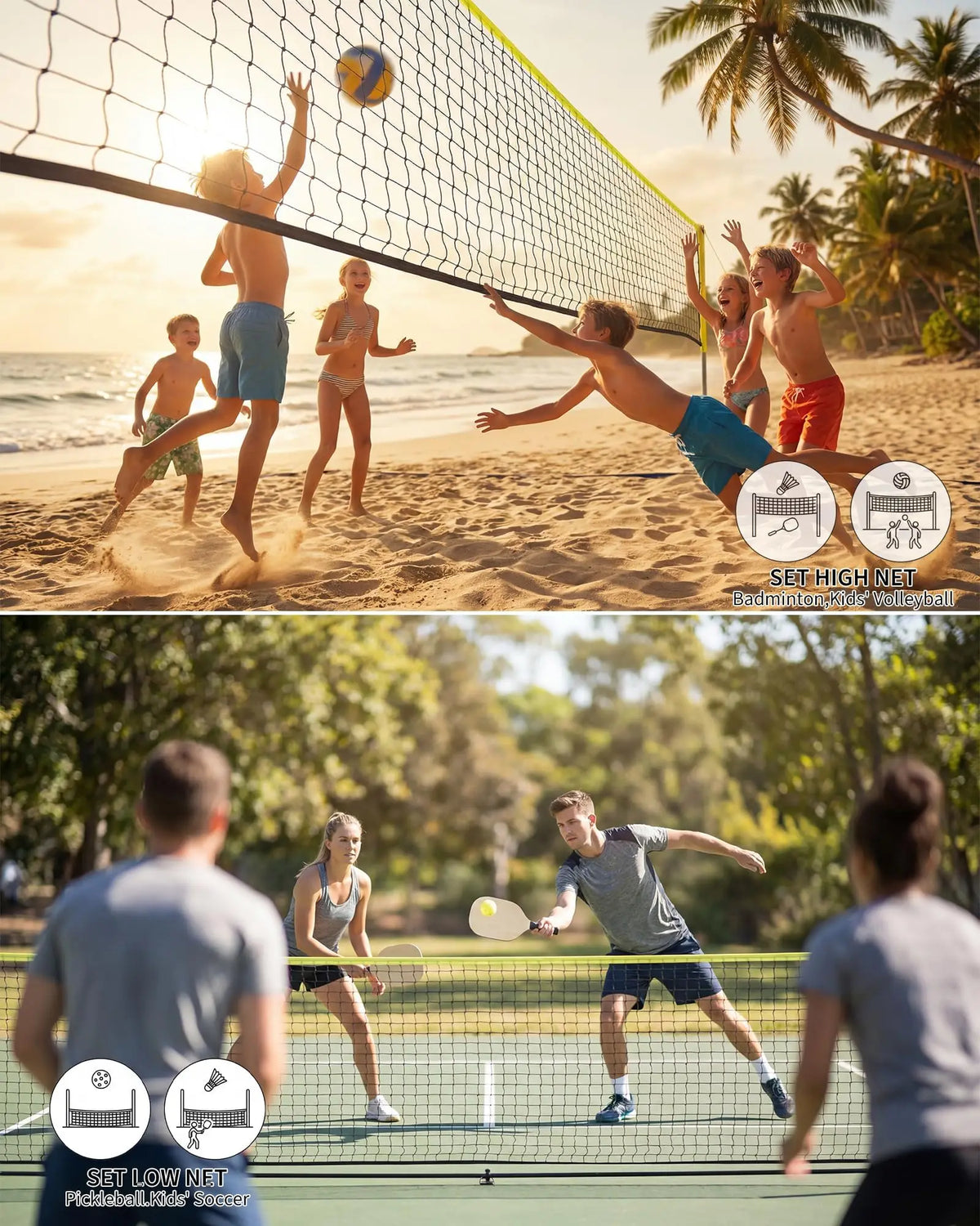 Juego de red de bádminton y pickleball ajustable en altura de 5,1 m – Portátil con bolsa, incl. 2 raquetas, 2 palas, 3 pelotas – Ideal para jardín, playa y actividades al aire libre