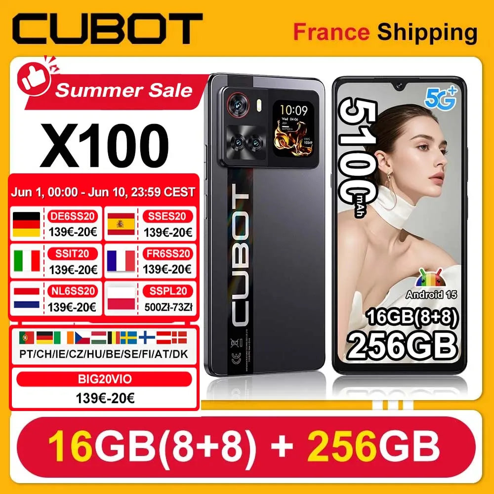 Smartphone Cubot X100 Android 15 Dimensity 7025 5G 6.88" 120Hz, 16GB(8+8) RAM 256GB ROM Cámara de 64MP 5100mAh 33W NFC