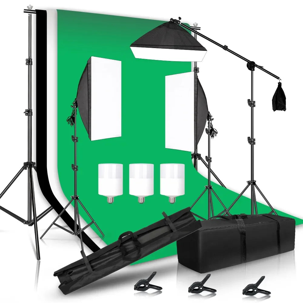 Kit de Iluminación para Estudio Fotográfico con Softbox, Marco de Fondo de 2.6x3M, 3 Telones de Fondo, Soporte de Trípode, Reflector y 4 Sombrillas