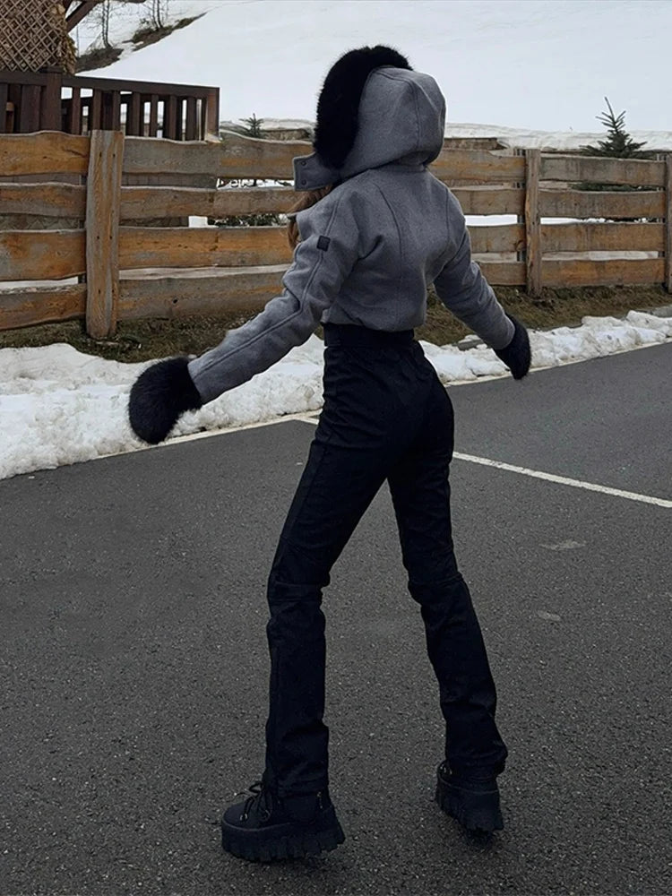 Mono de esquí de invierno para mujer, con cuello de piel sintética, resistente al viento, cálido, de una sola pieza, traje de nieve para actividades al aire libre, mono de snowboard, mono de esquí. ﻿