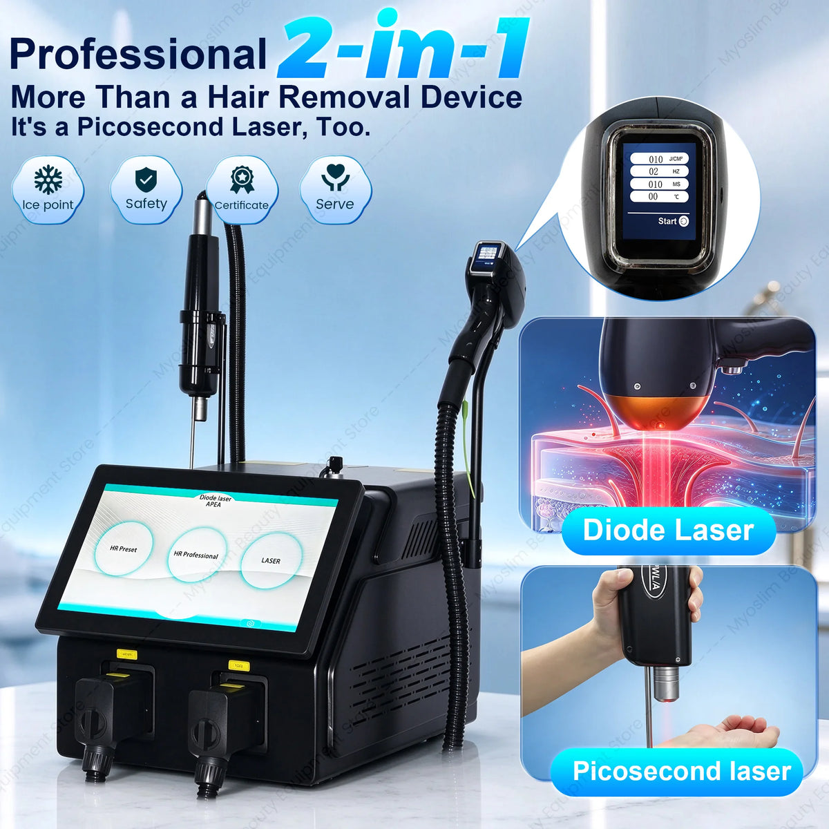 Máquina de Depilación Láser de Diodo FAC 2 EN 1, Láser de Picosegundos 755 808 810 830 940 1064nm, Enfriamiento por Hielo, Eliminación de Tatuajes, Manchas y Pigmentos