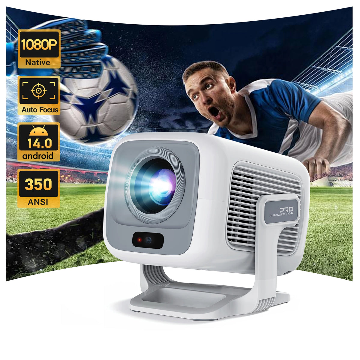 Proyector blanco frontal con lente circular azul y carcasa compacta
