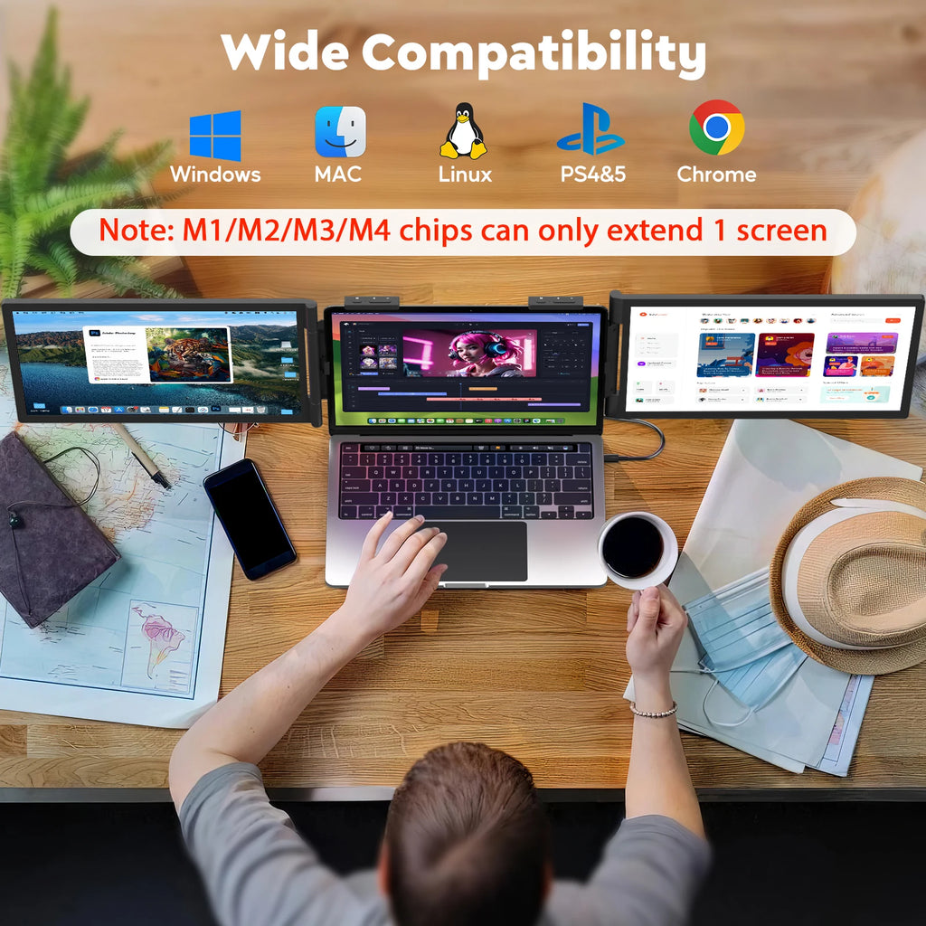 Monitor triple para portátiles Amoudo de 14 pulgadas, 1920*1080P, 60HZ, IPS, portátil, con puerto USB-C para portátiles de 14 a 16.5" Windows/Mac, monitor móvil para Xbox, monitor portátil