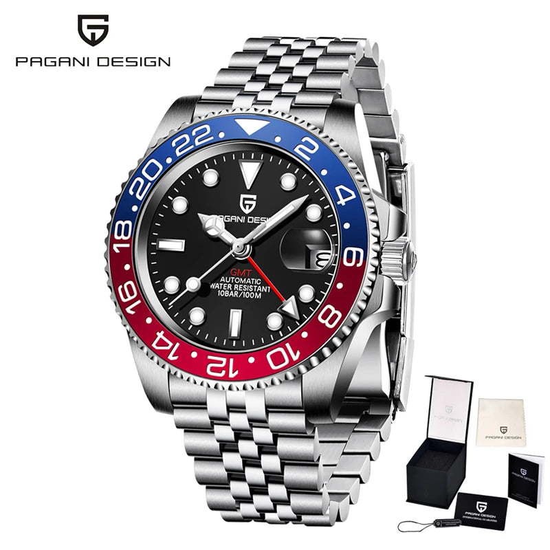 PAGANI DESIGN 40mm Reloj mecánico de lujo para hombre, reloj GMT de acero inoxidable, marca de alta gama, cristal de zafiro, relojes para hombre