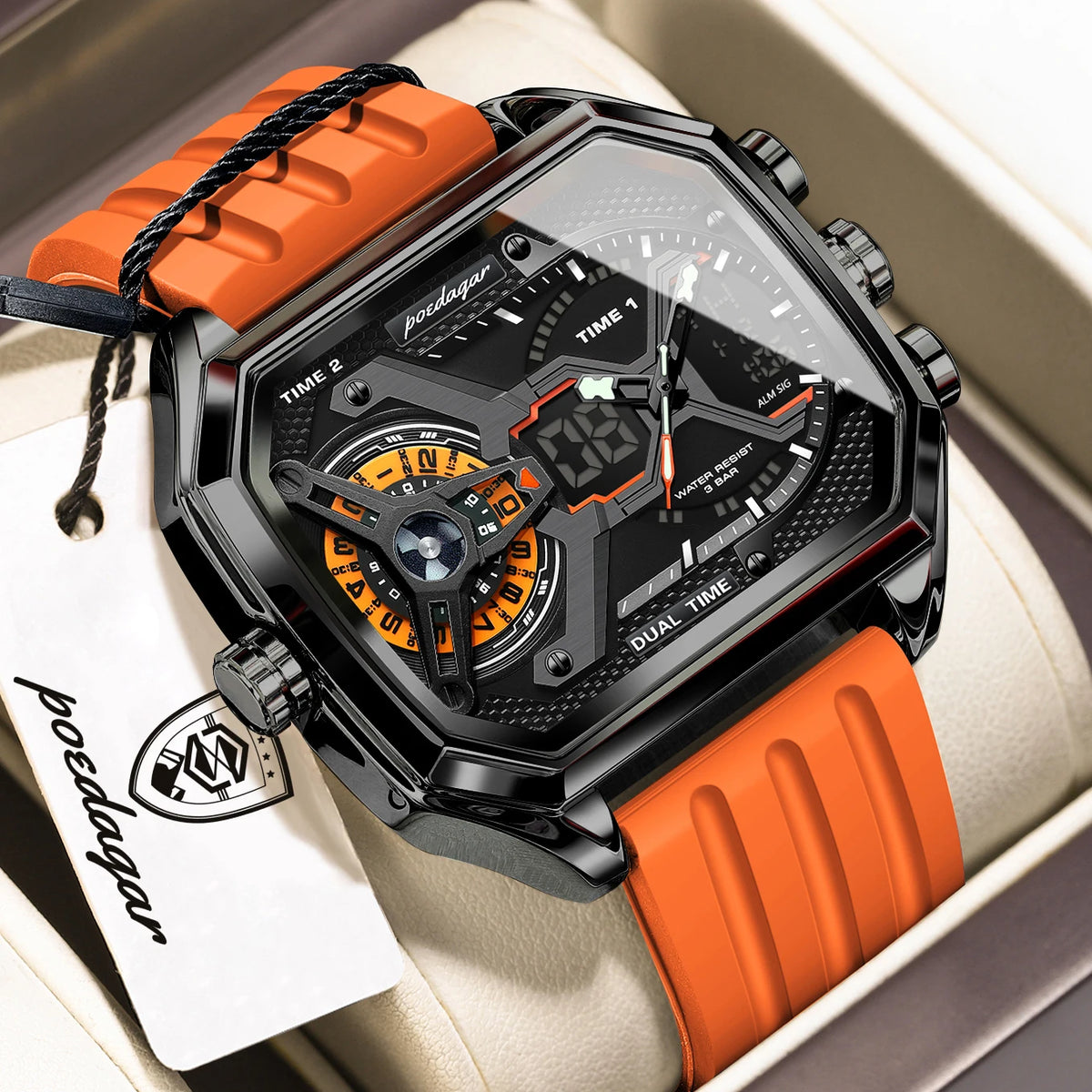 Reloj de pulsera deportivo de cuarzo para hombre POEDAGAR, moda, fecha, semana, luminoso, LED digital, reloj electrónico para hombre, hora dual, relojes casuales para hombre