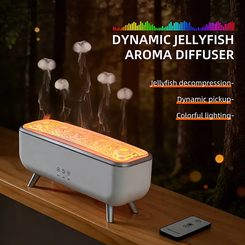 Humidificador con Simulación de Lava Volcánica, Iluminación de Colores, Difusor de Aroma, Control Remoto, 5 Boquillas, 2 Modos de Niebla, Medusas Danzantes