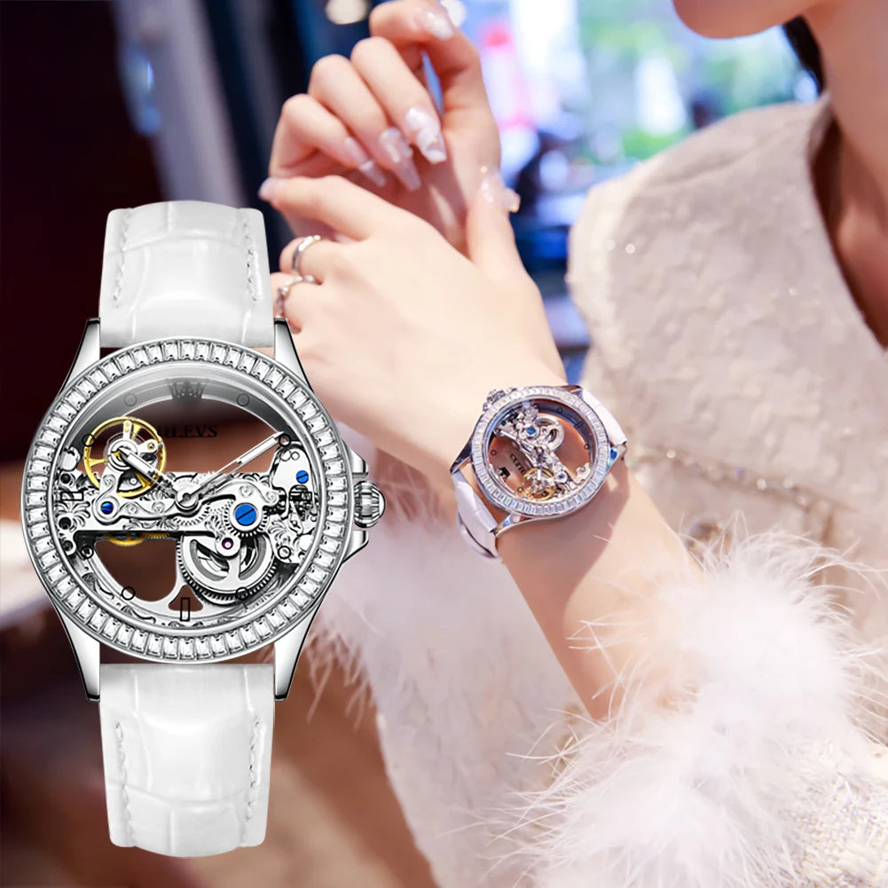 Reloj OLEVS de moda con diseño hueco creativo, marca de lujo, mecánico automático, resistente al agua para mujer, reloj mujer