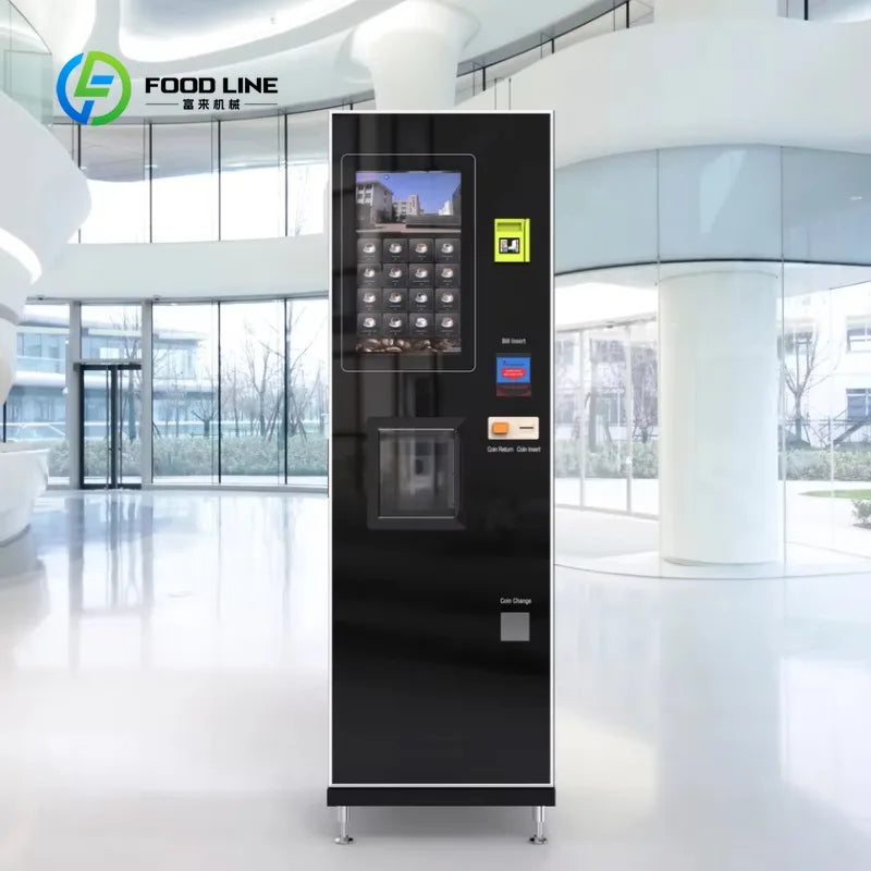 Máquina expendedora automática de café negra con panel de botones y ventana de preparación