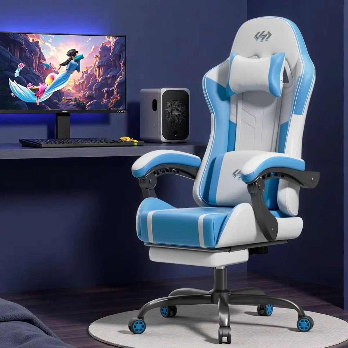 Silla gaming ergonómica azul y blanca con reposacabezas, soporte lumbar y ruedas