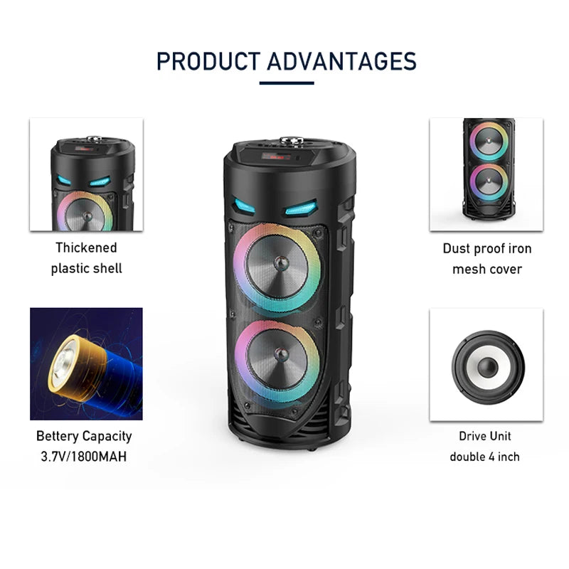 Columna inalámbrica de 30W, altavoz estéreo portátil con Bluetooth de gran potencia, subwoofer, altavoces de fiesta de graves con micrófono, Karaoke familiar, USB