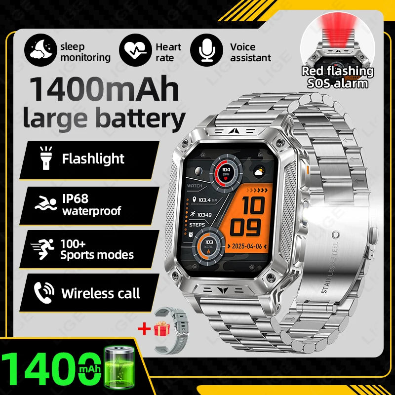 LIGE Built-in 1400mAh Super Large Battery Men Smart Watch Outdoor Flashlight IP68 Waterproof BT Call 2.01" New Smartwatch 2026