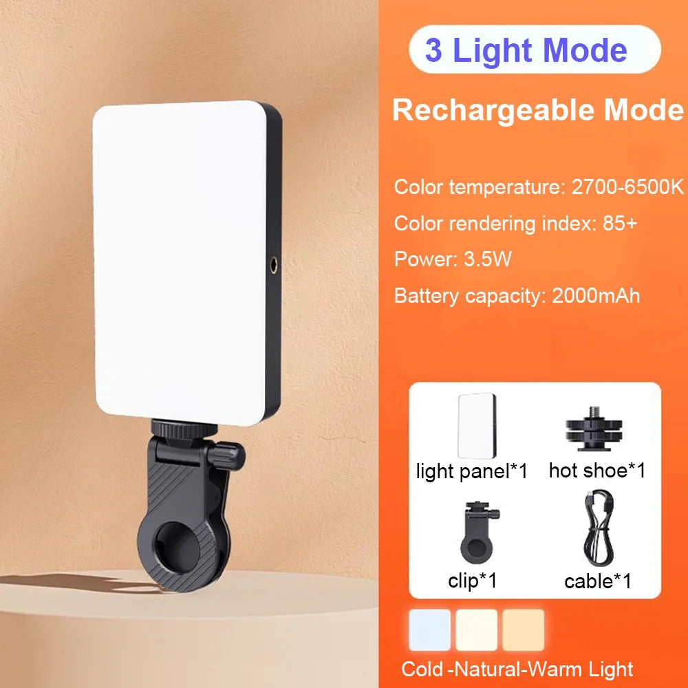 Luz de Video LED RGB, Luz de Relleno para Teléfono, Lámparas Portátiles Recargables de 2000 mAh, 3 Modos Ajustables, 2700-6500 K, Luz para Selfies de Smartphone