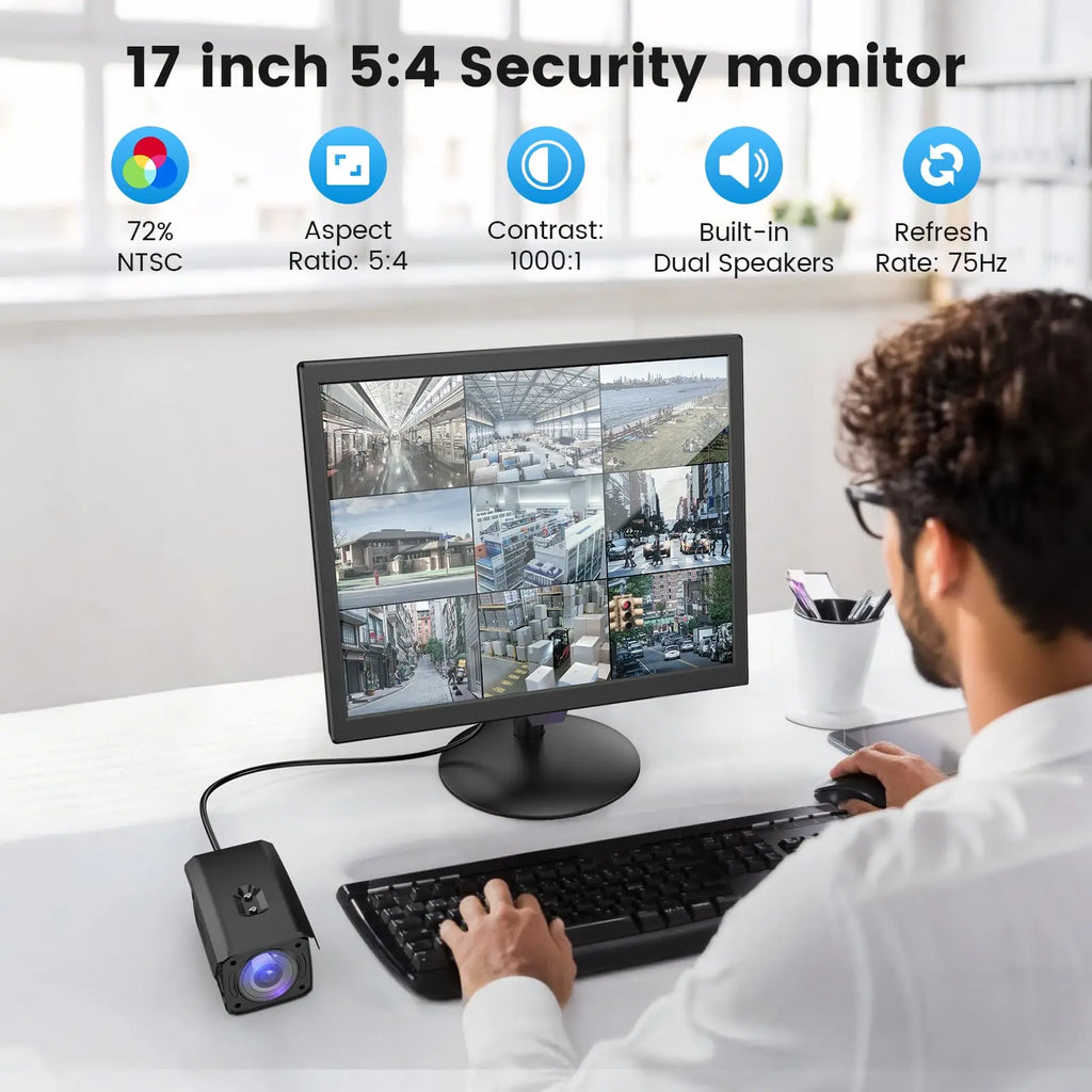 Monitor para cámaras de seguridad Eyoyo de 17 pulgadas, con resolución de 1280 x 1024, puertos AV, HDMI, VGA y BNC; compatible con la reproducción de vídeo en todos los formatos a través de USB y con mando a distancia