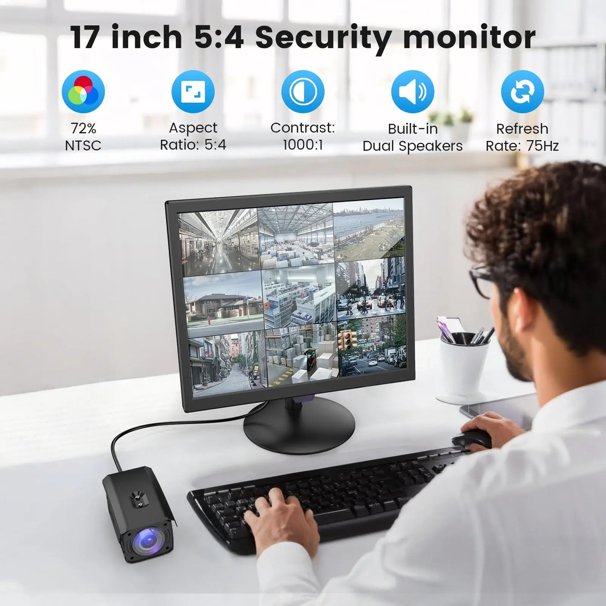 Monitor para cámaras de seguridad Eyoyo de 17 pulgadas, con resolución de 1280 x 1024, puertos AV, HDMI, VGA y BNC; compatible con la reproducción de vídeo en todos los formatos a través de USB y con mando a distancia