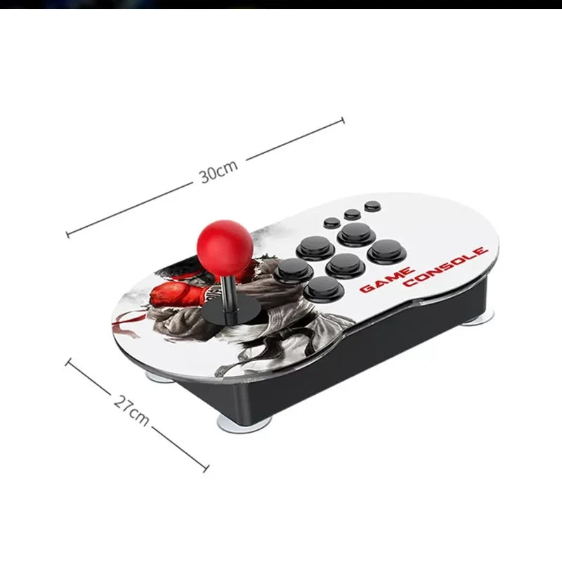 Consola de videojuegos tipo arcade blanca con joystick rojo, botones y base negra, diseño compacto