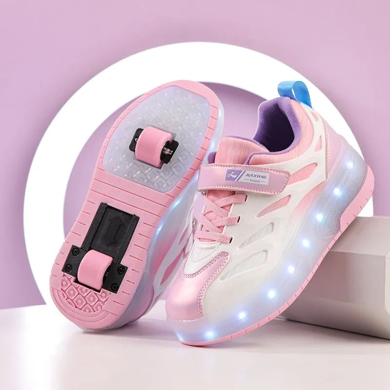 Zapatos de 2 ruedas con luces LED, patines en línea para niños y niñas, patinaje al aire libre, Parkour Runaway, talla de zapatillas 29 30 31 32 33 34 35-40