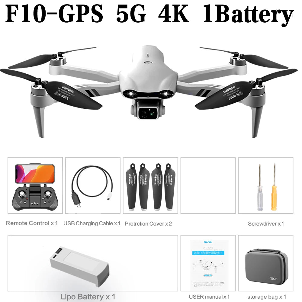 Dron RC 4DRC F10 GPS 6K HD Cámara Dual Gran Angular 5G WIFI FPV Cuadricóptero Plegable Sin Escobillas con Evitación de Obstáculos UAV Aéreo 2KM