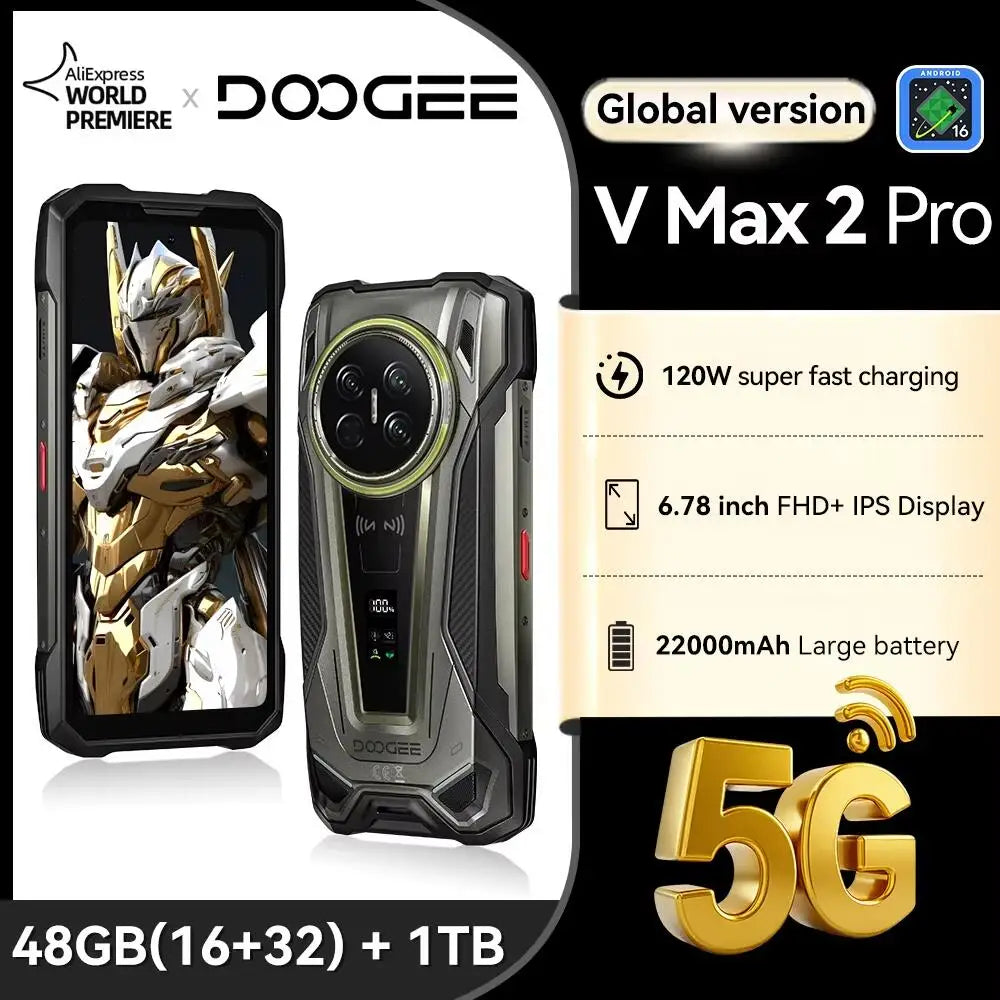 Smartphone resistente DOOGEE V Max 2 Pro 5G, estreno mundial, pantalla de 6,78", 48 GB (16+32) de RAM + 1 TB de ROM, gran batería de 22000 mAh, Android 16, luces de camping duales, altavoces duales, carga superrápida de 120 W