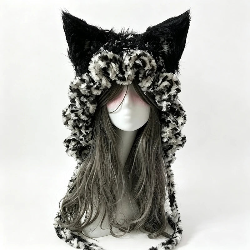 Gorro de Orejas de Zorro Verde Musgo Hecho a Mano Personalizado para Mujer, Gorro de Punto Floral de Felpa, Gorro de Invierno Cálido Estilo Goblincore para Hombre