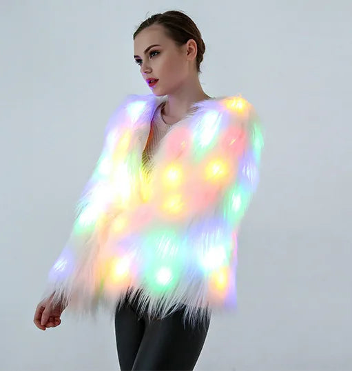 Abrigo de Piel Sintética para Mujer, Disfraz de Cosplay de San Valentín, Chaleco con Capucha LED Multicolor, Chaqueta Brillante con Luces LED para Fiesta y Baile