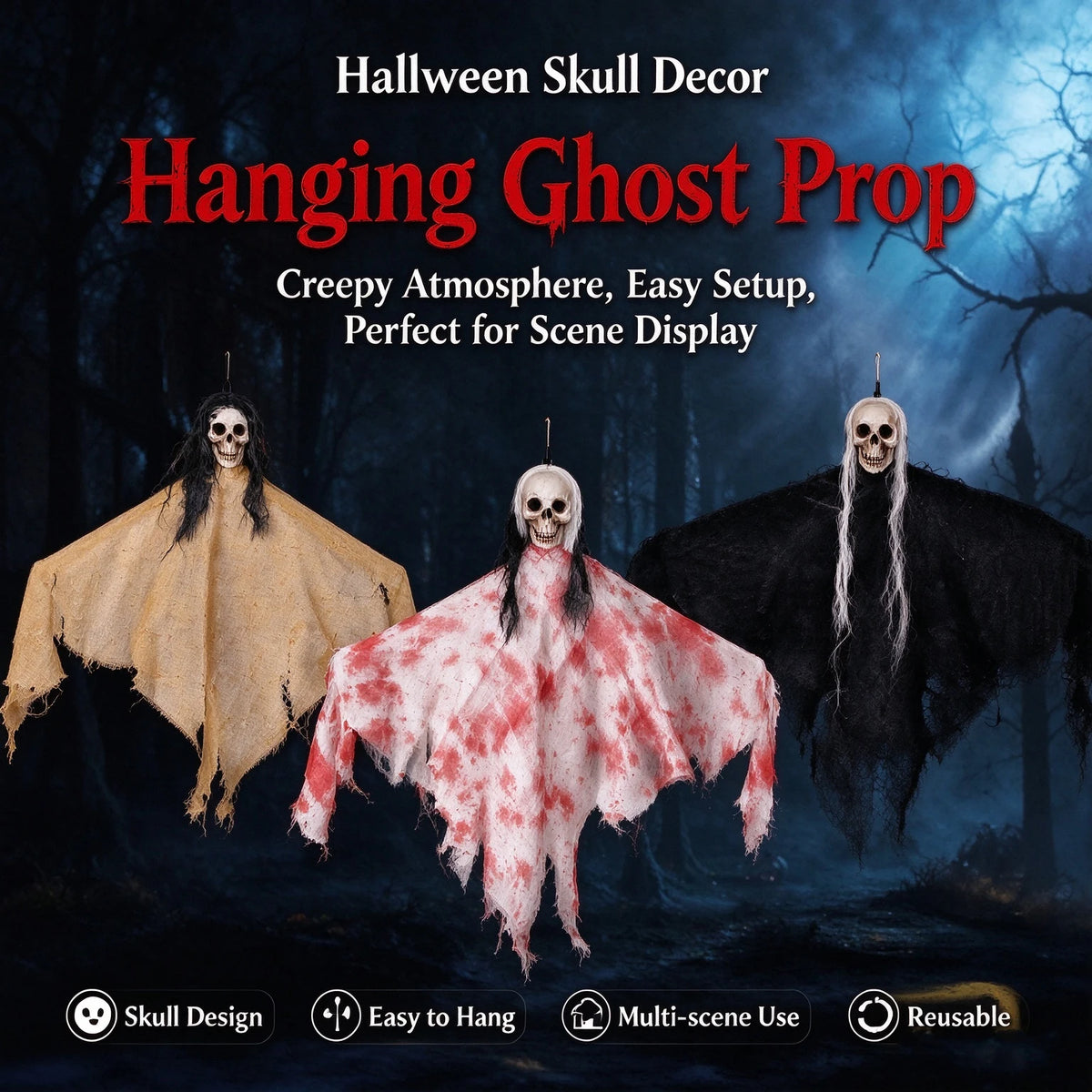 Accesorios de Halloween, decoración aterradora: esqueleto colgante, fantasma, calavera, cortina de gasa sangrienta para puerta, ideal para casas encantadas, bares, fiestas en interiores y exteriores.