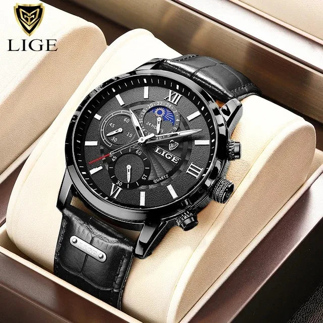 Relojes de moda para hombre LIGE, marca de lujo, reloj de cuarzo informal con correa de piel, reloj deportivo impermeable para hombre, Relogios Masculino + caja