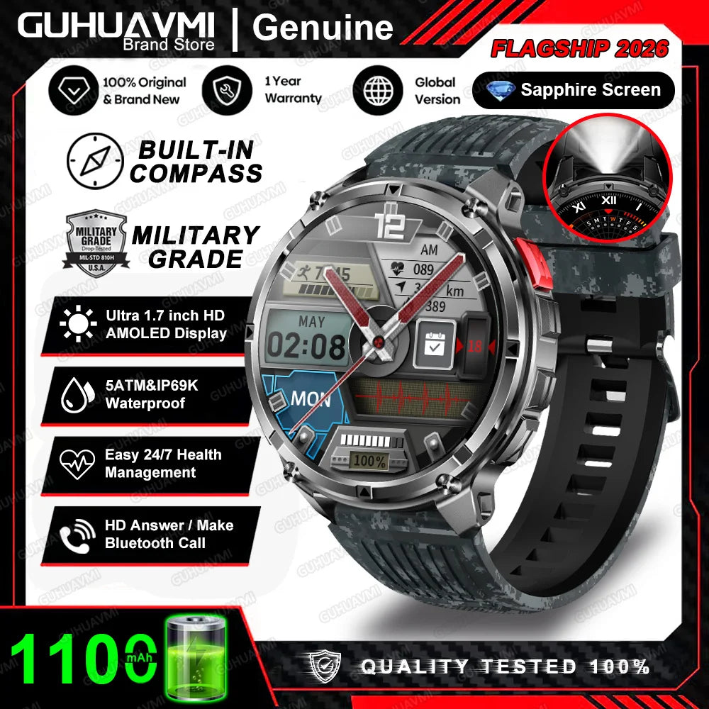 Reloj inteligente militar T-Rex3 Pro 2026, batería de 1100 mAh, GPS, resistente al agua 5ATM, rastreador deportivo de carrera, brújula para exteriores