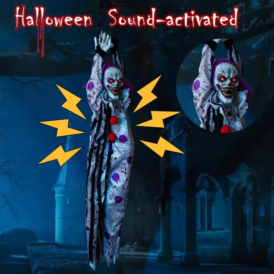 Decoraciones de Halloween, payaso fantasma colgante eléctrico activado por voz, accesorios de decoración de terror para Casa Encantada