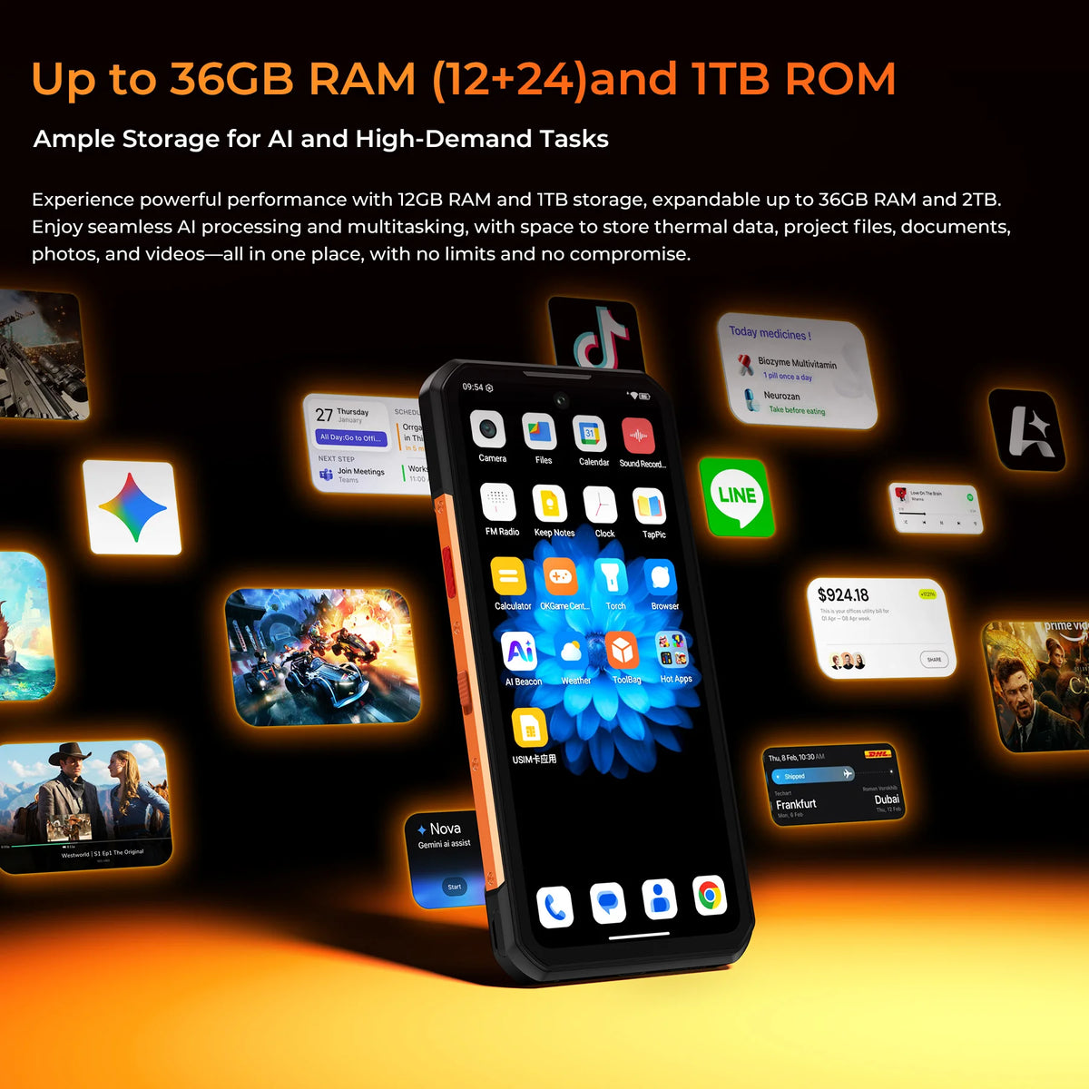 Smartphone Resistente 5G OUKITEL WP500, Pantalla FHD+ de 6,78 pulgadas, RAM 36GB (12GB +24GB) + Almacenamiento 1TB, Gran batería de 10000mAh, Linterna de camping ultrabrillante, Cámara principal 108MP, Android 16, Inte
