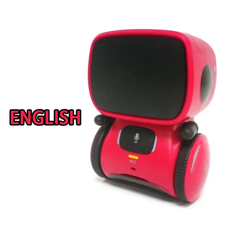 Robot educativo con pantalla oscura y cuerpo rojo, ruedas laterales negras