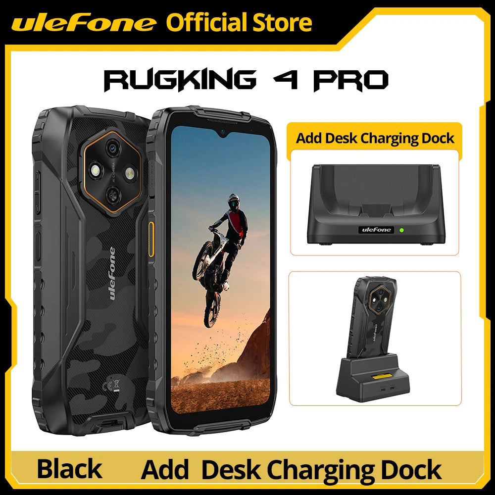 Teléfono resistente Ulefone RugKing 4 Pro, Android 15, hasta 16 GB+256 GB, smartphone resistente al agua, 10200 mAh, cámara de 48 MP, NFC, versión global, 6.56", 120 Hz