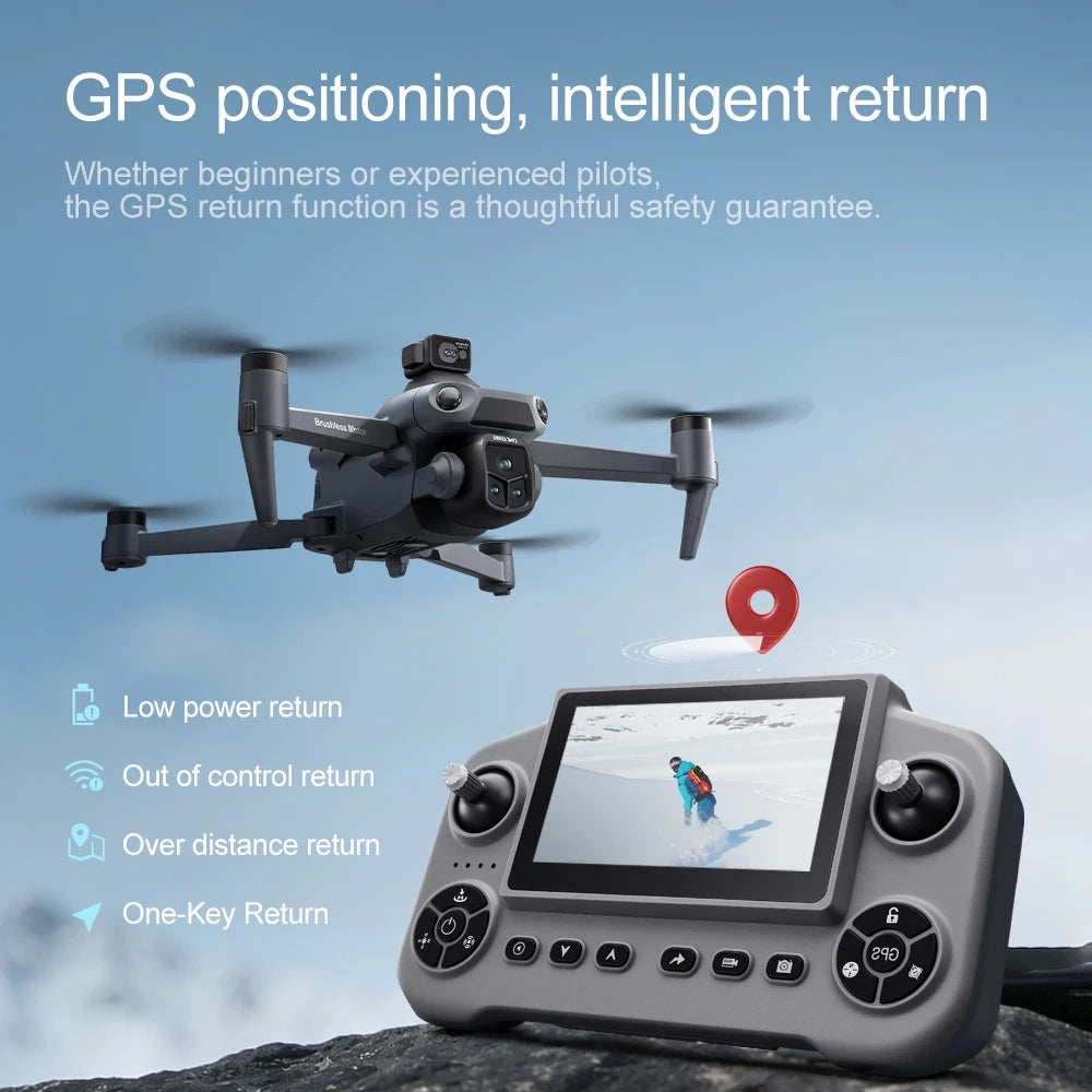 Dron plegable gris y control remoto con pantalla, diseño con antenas y joysticks