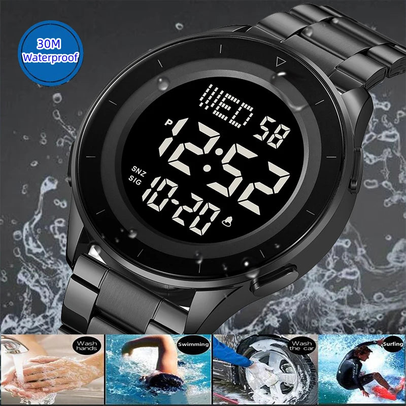 Reloj de pulsera digital LED con doble zona horaria Skmei, correa de acero de lujo, resistente al agua 3Bar, reloj deportivo militar para hombre con alarma