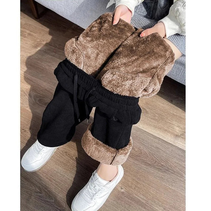 Pantalones de felpa de cintura alta de color liso para mujer, pantalones de lana cálidos para la nieve, pantalones rectos holgados para mujer, invierno 2026
